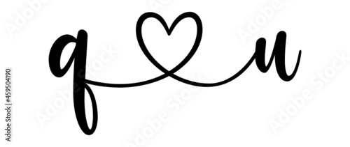 qu, uq, letters with heart Monogram, monogram wedding logo. Love icon, couples Initials, lower case, connecting HEART, home decor,