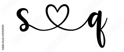 sq, qs, letters with heart Monogram, monogram wedding logo. Love icon, couples Initials, lower case, connecting HEART, home decor,