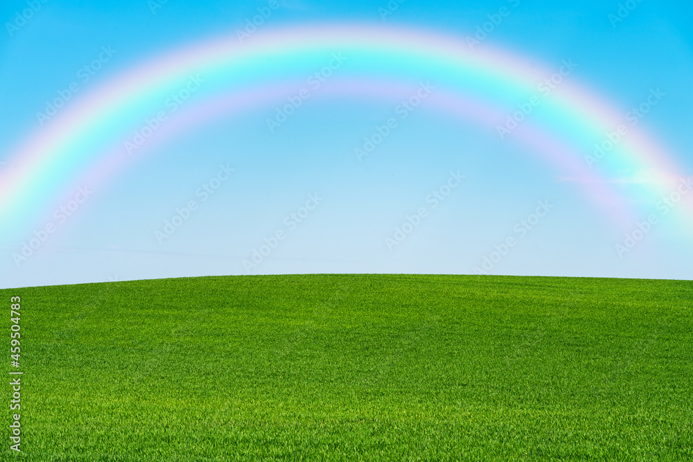 Scenic View Of Field Against Rainbow In Sky Scenic View Of Field Against Rainbow In Sky