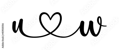 uw, wu, letters with heart Monogram, monogram wedding logo. Love icon, couples Initials, lower case, connecting HEART, home decor,