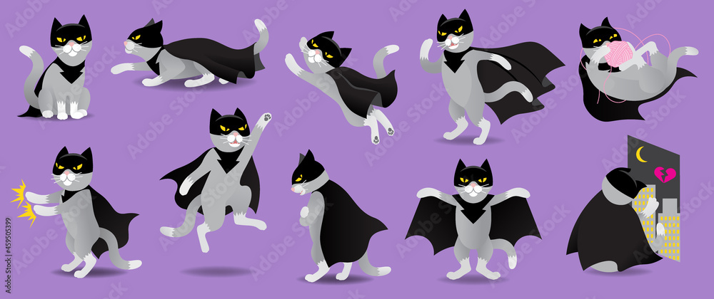 Set of superhero or villain cat in black mask and cloak