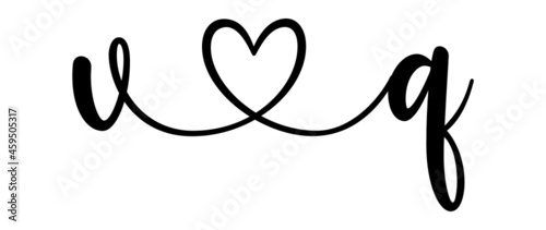 vq, qv, letters with heart Monogram, monogram wedding logo. Love icon, couples Initials, lower case, connecting HEART, home decor,