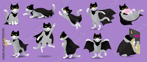 Set of superhero or villain cat in black mask and cloak