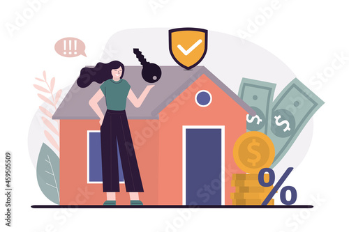 Happy cartoon woman with key buying house. Concept of business mortgage payment. House loan or money investment to real estate. Safe property money investment