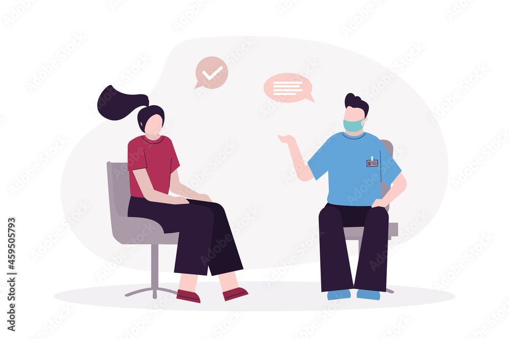Woman at doctor for examination. Cartoon girl at nurse's appointment in hospital. Lady checking health. Concept of planned healthcare check up Woman at doctor for examination. Cartoon girl at nurse's appointment in hospital. Lady checking health. Concept of planned healthcare check up