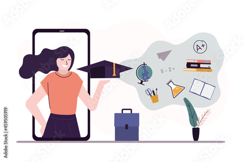 Female teacher with graduation hat on mobile phone screen. Concept of online education, courses or webinars and e-learning. Idea of learning