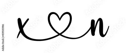 xn, nx, letters with heart Monogram, monogram wedding logo. Love icon, couples Initials, lower case, connecting HEART, home decor,