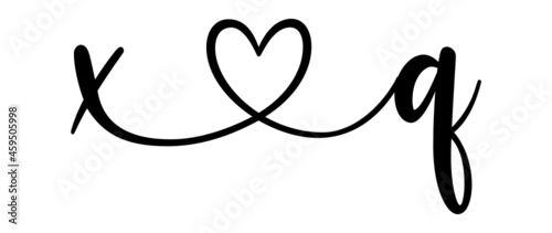 xq, qx, letters with heart Monogram, monogram wedding logo. Love icon, couples Initials, lower case, connecting HEART, home decor,