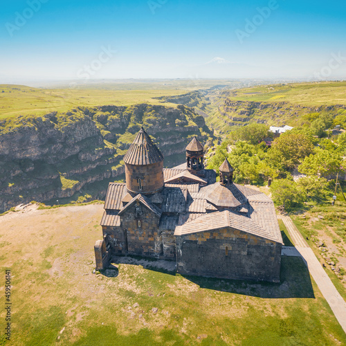 Aerial view of Saghmosavank church or Monastery of Psalms is a popular tourist sightseeing destination in Armenia. It is located on edge of Kasakh river gorge photo