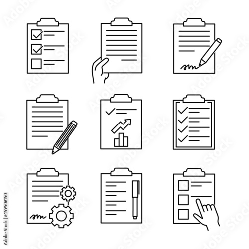 Set of clipboard chek icons. Flat pictogram for web. Line stroke. Simple pad symbol isolated on white background. Outline list test vector eps10