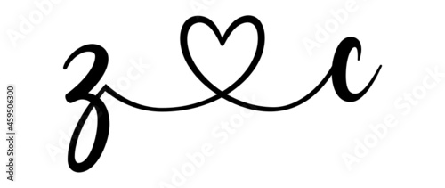 zc, cz, letters with heart Monogram, monogram wedding logo. Love icon, couples Initials, lower case, connecting HEART, home decor,