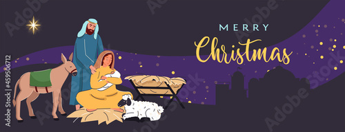 Merry Christmas background. Christmas scene of baby Jesus with Mary and Joseph surrounded by star. Christian Nativity. The Birth of Christ in manger in Bethlehem vector illustration template banner.