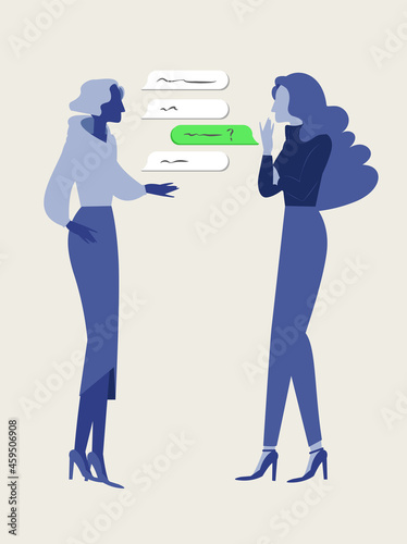 ブルー基調_立って会話する女性二人のイラスト