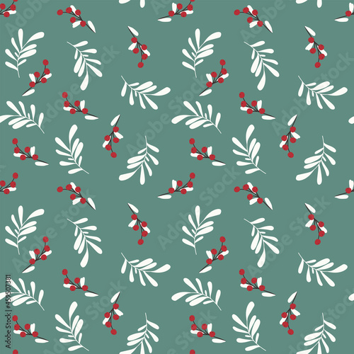 Christmass botanical seamless pattern. Branches, leaves and berries. Cute and colorful vector illustration for background, gift card, wrapping paper, textile, stationery and any surface design