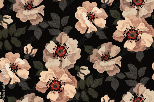 Seamless floral pattern on a dark background. Abstract composition of large wild rose flowers, leaves. Vector illustration.