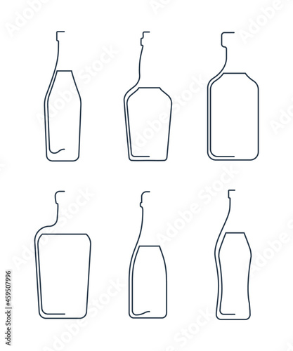 Bottle continuous line martini, whiskey, rum, liquor, champagne, vermouth in linear style on white background. Solid black thin outline. Modern flat style graphic design. Logo element illustration. 