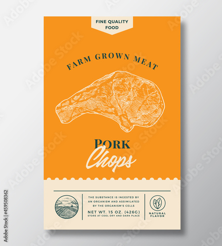 Farm Grown Meat Abstract Vector Packaging Design or Label. Modern Typography Banner, Hand Drawn Pork Chops Steak Silhouette. Color Paper Background Layout. Isolated