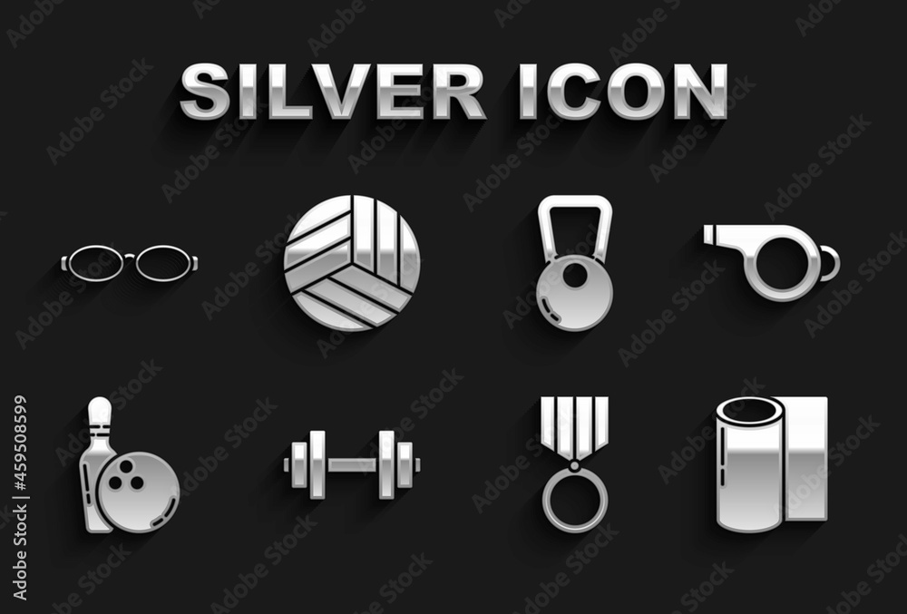 Fototapeta premium Set Dumbbell, Whistle, Fitness mat roll, Medal, Bowling pin and ball, Kettlebell, Glasses for swimming and Volleyball icon. Vector