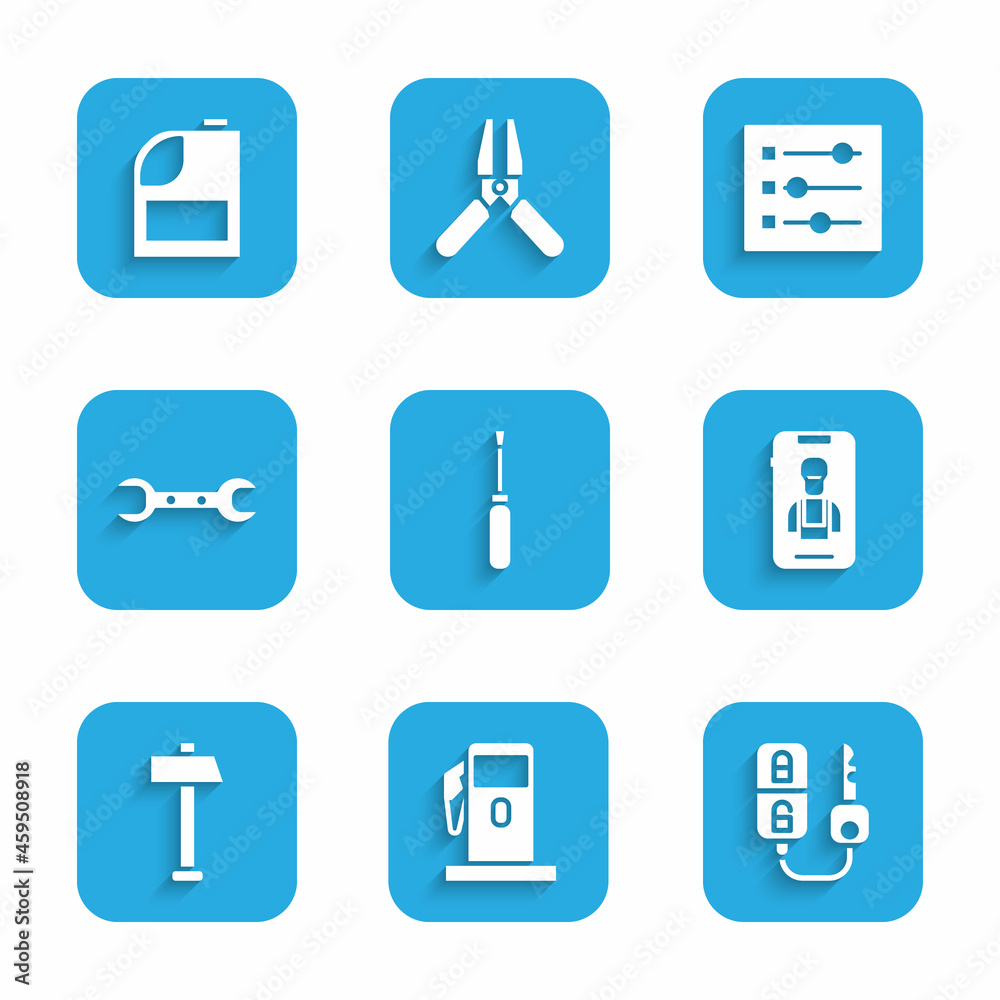 Set Screwdriver, Petrol or Gas station, Car key with remote, Online car services, Hammer, Wrench spanner, settings and Canister for motor machine oil icon. Vector Set Screwdriver, Petrol or Gas station, Car key with remote, Online car services, Hammer, Wrench spanner, settings and Canister for motor machine oil icon. Vector