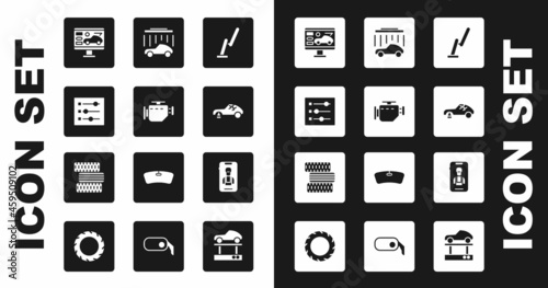 Set Windscreen wiper, Check engine, Car settings, Diagnostics condition of car, Broken, wash, Online services and tire wheel icon. Vector
