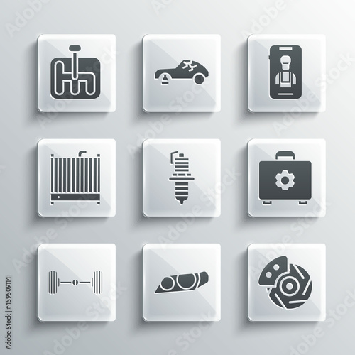 Set Car headlight, brake disk with caliper, Toolbox, spark plug, Chassis car, radiator cooling system, Gear shifter and Online services icon. Vector