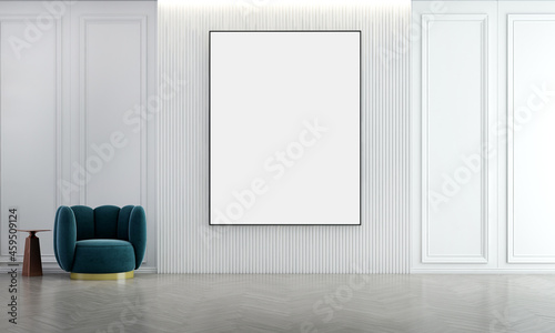 Minimal living room and furniture decoration and white wall pattern background and empty canvas frame. 3D rendering
