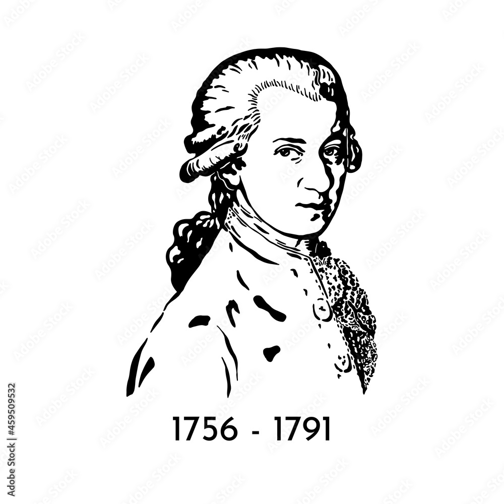 Wolfgang Amadeus Mozart is a great Austrian composer and musician. Vector portrait in the style of engraving on a white background. Classical music. Celebrity anniversary. - obrazy, fototapety, plakaty 