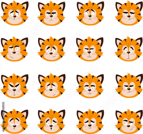 The muzzles of tiger cubs with different emotions. Vector illustration for postcards, banners, the Internet, decor, design, art, calendar. Greeting card template "Year of the Tiger" 2022.