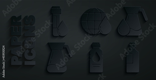 Set Bottle of water, Jug glass with, Earth planet in drop and Test tube icon. Vector