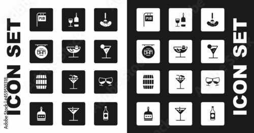 Set Pickled cucumber on a fork, Cocktail, Street signboard with Bar, Pub, Martini glass, Wine bottle, Glass of cognac brandy and Wooden barrel icon. Vector