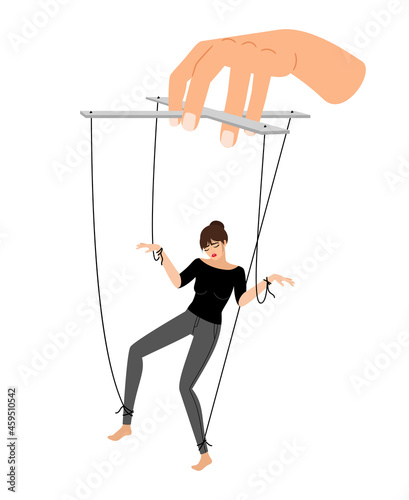 Girl puppet. Woman control violence, puppets marionette hand manipulation, people abused vector illustration, patriarchy dictat concept isolated on white background photo