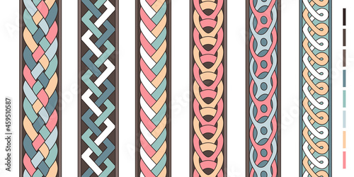 Braid lines. Wicker borders, colored knoted patterns, braided intertwined ropes, vector twist striped ornaments, curly braiding line strings vector set isolated on white photo