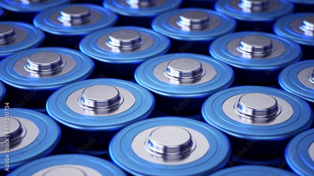 Pile of lithium batteries ordered. Closeup. - obrazy, fototapety, plakaty 