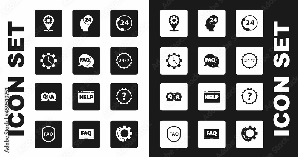 Set Telephone 24 hours support, Speech bubble with FAQ, Time Management, Location gear, Clock, Support operator in touch, Question mark and and Answer icon. Vector Set Telephone 24 hours support, Speech bubble with FAQ, Time Management, Location gear, Clock, Support operator in touch, Question mark and and Answer icon. Vector