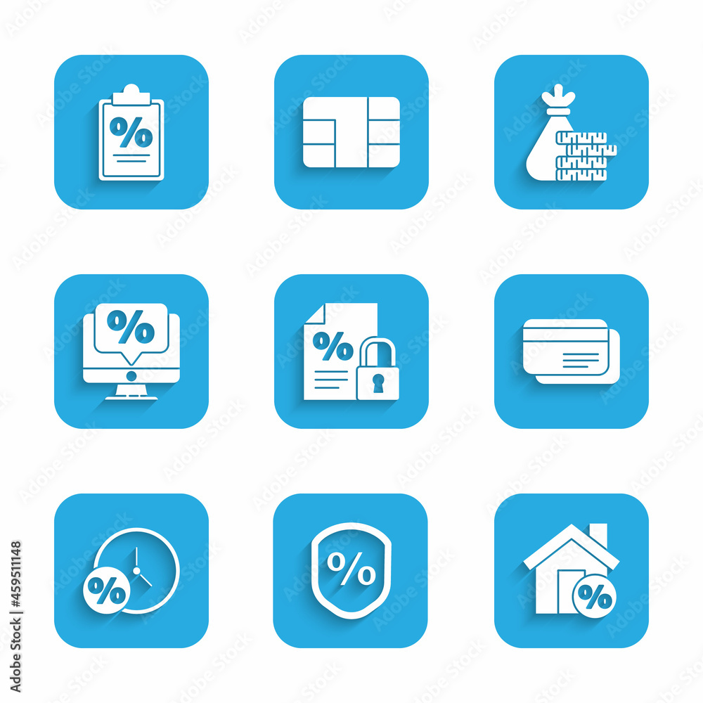 Set Finance document and lock, Loan percent, House with percant discount, Credit card, Clock, Percent monitor, Money bag coin and icon. Vector Set Finance document and lock, Loan percent, House with percant discount, Credit card, Clock, Percent monitor, Money bag coin and icon. Vector