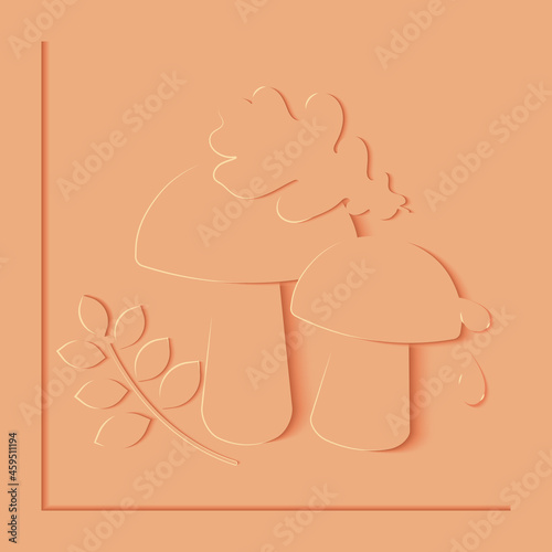 Monochrome autumn vector illustration. Paper cut oak leaf , mushrooms and drops vector design