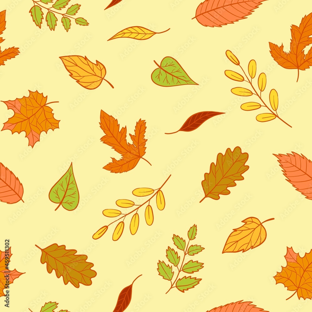 Autumn seamless pattern with colorful leaves. Vector cartoon illustration with maple, rowan, birch, chestnut leaf. Endless wrapping paper for print, wallpaper.