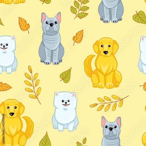 Autumn seamless pattern with dogs breed. Vector cartoon illustration with bulldog, pomeranian, golden retriever and fall leaves. Pattern on pastel background.
