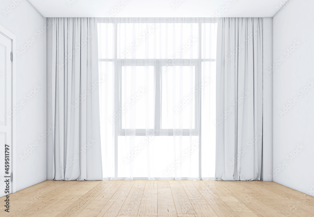 Empty room with windows and white curtains, wooden floor. 3d rendering