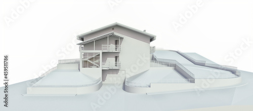 Fototapeta Naklejka Na Ścianę i Meble -  The condo for a small town or rural area. A small Motel, a hotel with a garage for guests. Exterior of a residential building on a white background. 3d rendering.