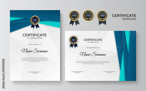 Certificate of appreciation template, gold and blue green color. Clean modern certificate with gold badge. Certificate border template with luxury and modern line pattern. Diploma vector template