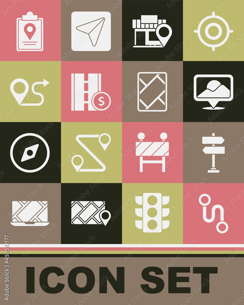 Set Route location, Road traffic sign, Location, with store, Toll road, Folded map marker and Gps device icon. Vector Set Route location, Road traffic sign, Location, with store, Toll road, Folded map marker and Gps device icon. Vector