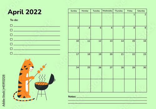 Horizontal planner 2022 with tiger. April calendar page. Organizer scheduler vector template. Wall desk table corporate calendar. Week starts on Sunday. Outdoor activities. Spring BBQ barbecue grill