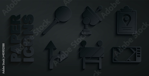 Set Road barrier, Folded map with location marker, traffic sign, Gps device, Radar and Push pin icon. Vector