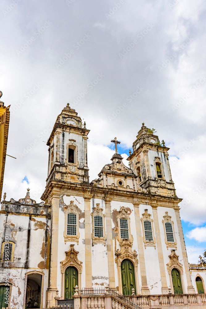 Facade of an old and historic church decayed by time on the streets of Pelourinho in Salvador, Bahia