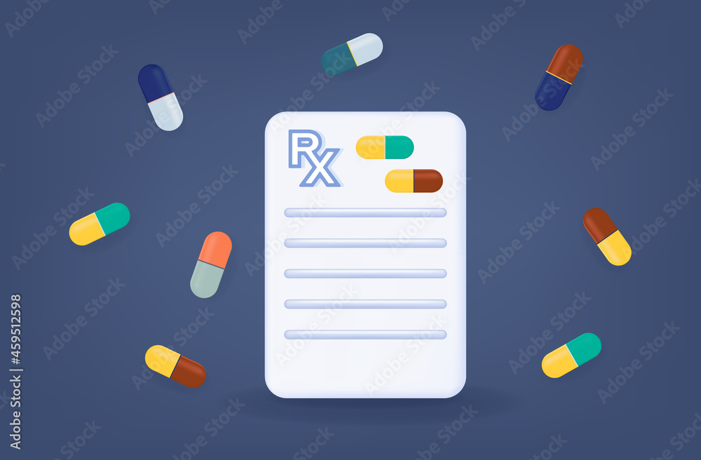 3d form rx. Doctor's Prescription, Treatment or Prevention. Document page with pills, capsules. Diagnosis, prescription, or examination. Medicine and pharmacy banner. Blank or sheet with pills. Vector 3d form rx. Doctor's Prescription, Treatment or Prevention. Document page with pills, capsules. Diagnosis, prescription, or examination. Medicine and pharmacy banner. Blank or sheet with pills. Vector