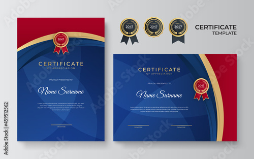Elegant blue red and gold diploma certificate template