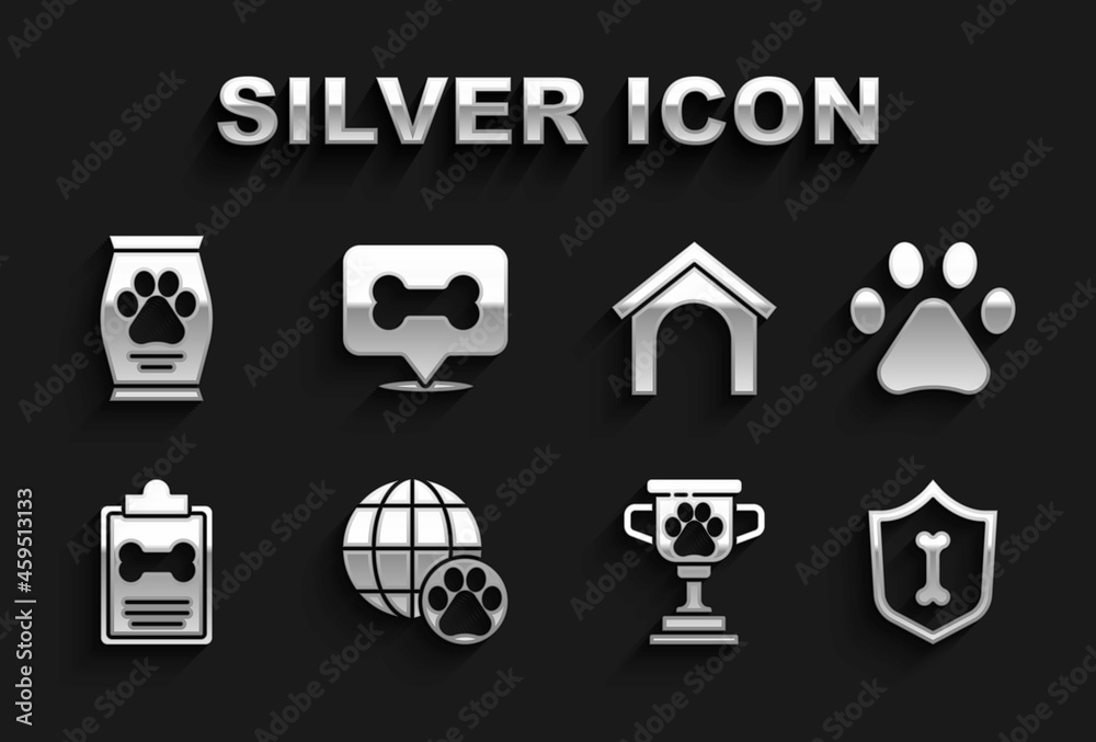Set World pet, Paw print, Animal health insurance, Pet award, Clinical record, Dog house, Bag of food and bone icon. Vector Set World pet, Paw print, Animal health insurance, Pet award, Clinical record, Dog house, Bag of food and bone icon. Vector