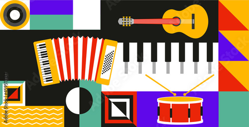 Geometric abstract background. Street wall art with musical instruments, triangles, circles and lines. Decorative element for holiday or festival. Cartoon flat vector illustration in retro style