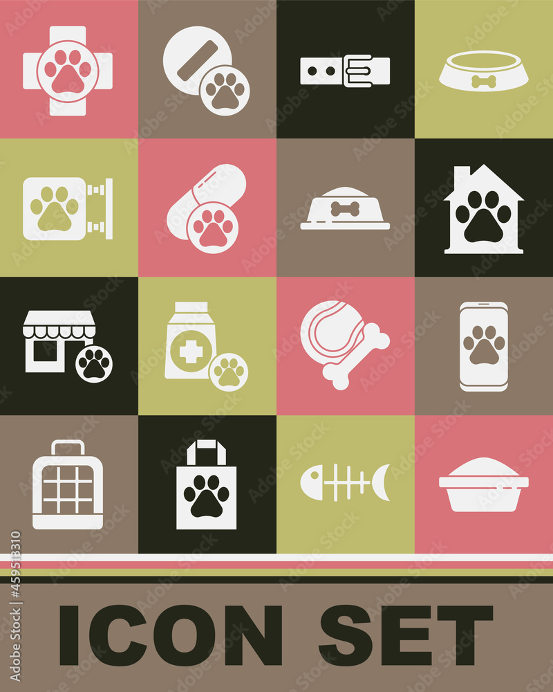 Set Pet food bowl, Veterinary clinic, house, Collar with name tag, Dog pill, and icon. Vector Set Pet food bowl, Veterinary clinic, house, Collar with name tag, Dog pill, and icon. Vector